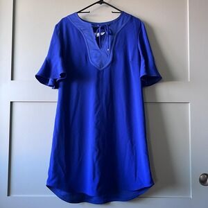 Trina Turk Dress Womens 12 Blue Flutter Sleeve V Neck Shift Made USA Knee Length